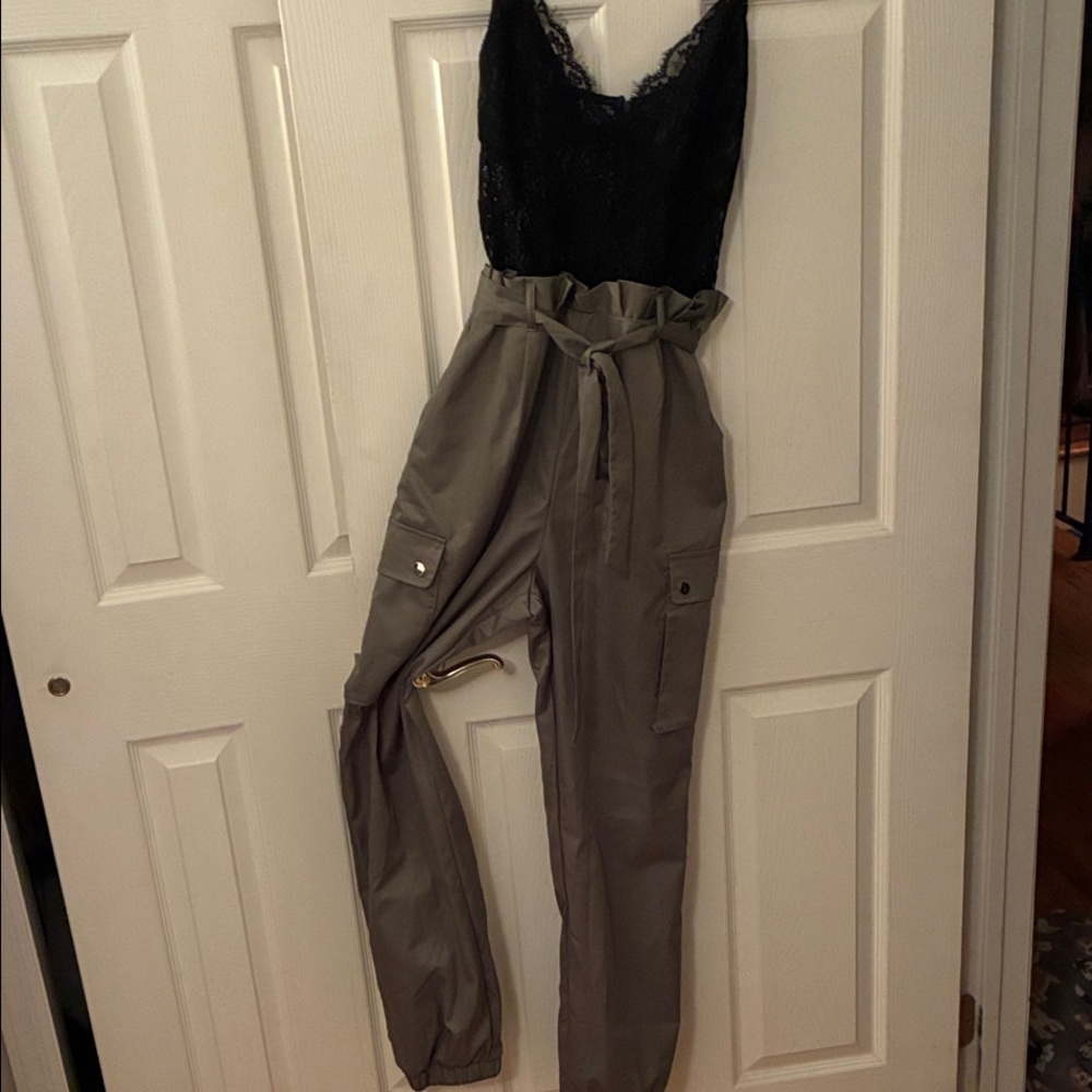 Fashion Nova Black Lace and Green Cargo Jumpsuit